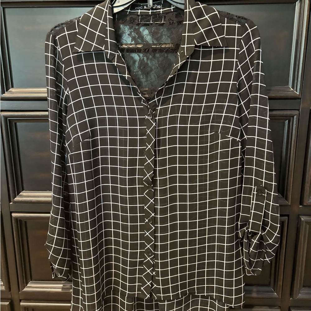 Zac & Rachel Black Windowpane Lace-Back Button-Up